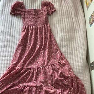 Pink floral puff sleeve smocked dress